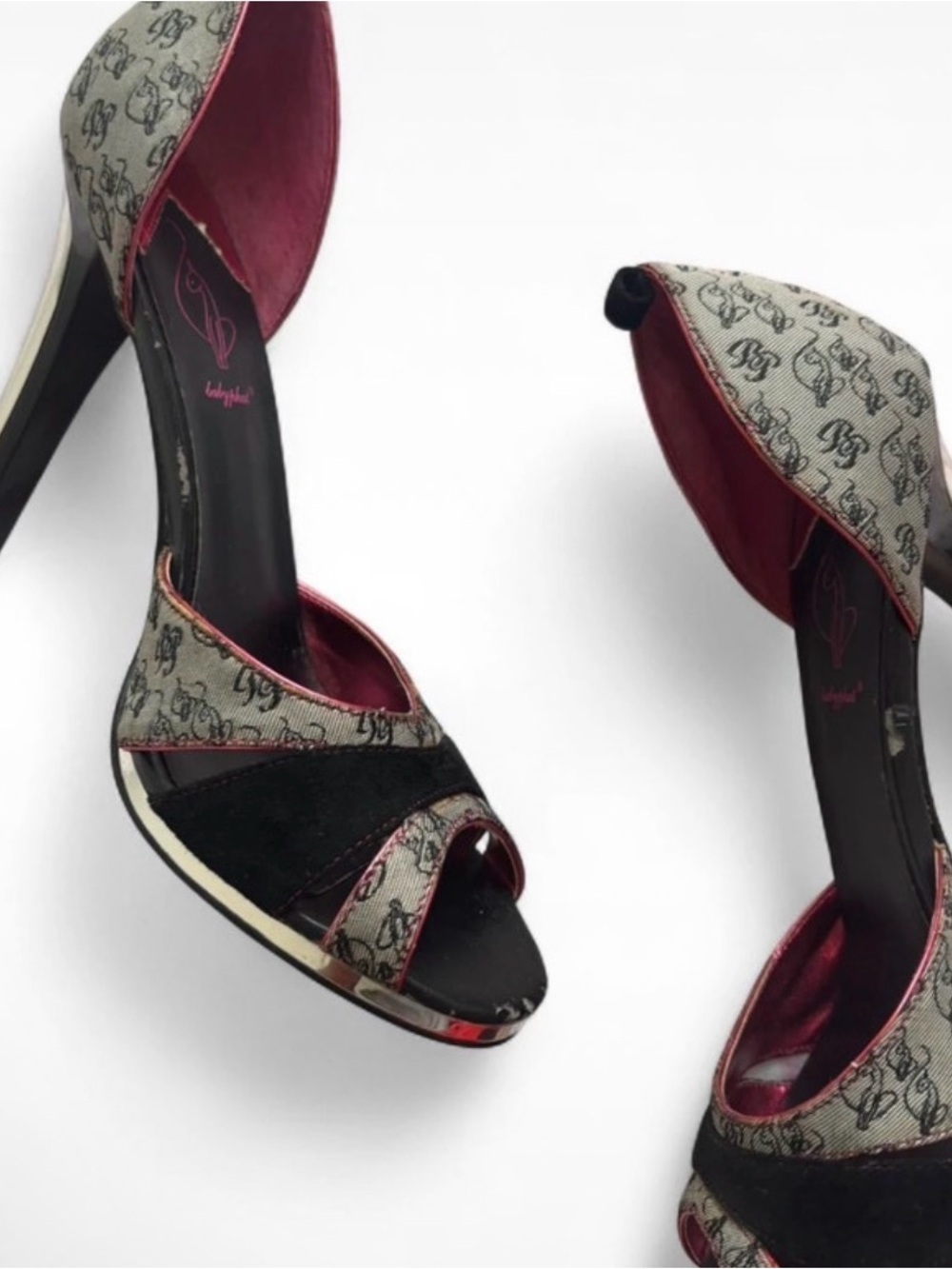 Baby Phat Black & Gray Monogram Peep-Toe High Heels with Pink Lining